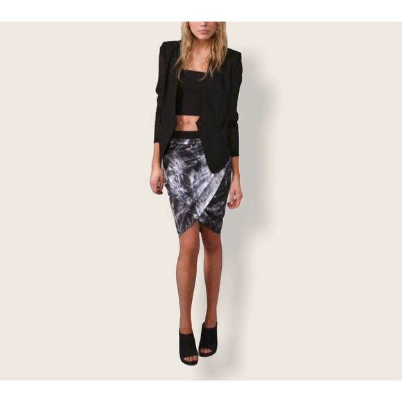 Helmut Lang SILK Cellophane Print Faux Tulip Hem Wrap Skirt Black Silver & Blue - Picture 1 of 12